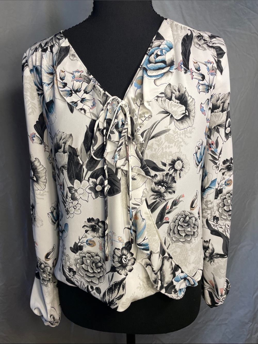 White House Black Market White Floral Tie-Neck Blouse with Blue & Black Accents